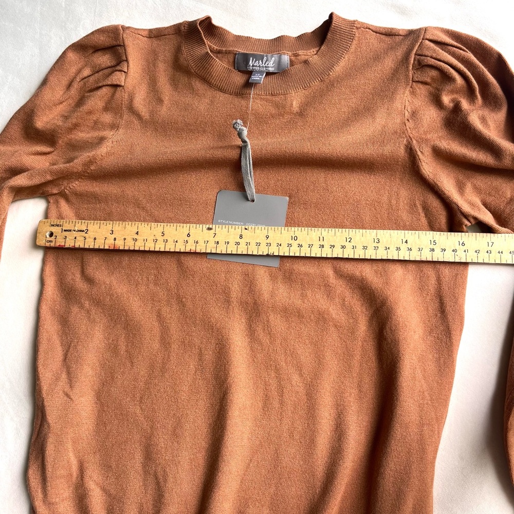 Marled Burnt Orange Crewneck Sweater with Puff Shoulders - Picture 5 of 8